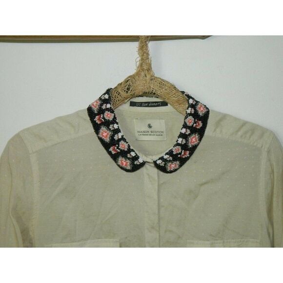 Scotch & Soda Shirt Beige Beaded Collar La Femme Selon Marie Button Down Size 2 - Picture 7 of 11